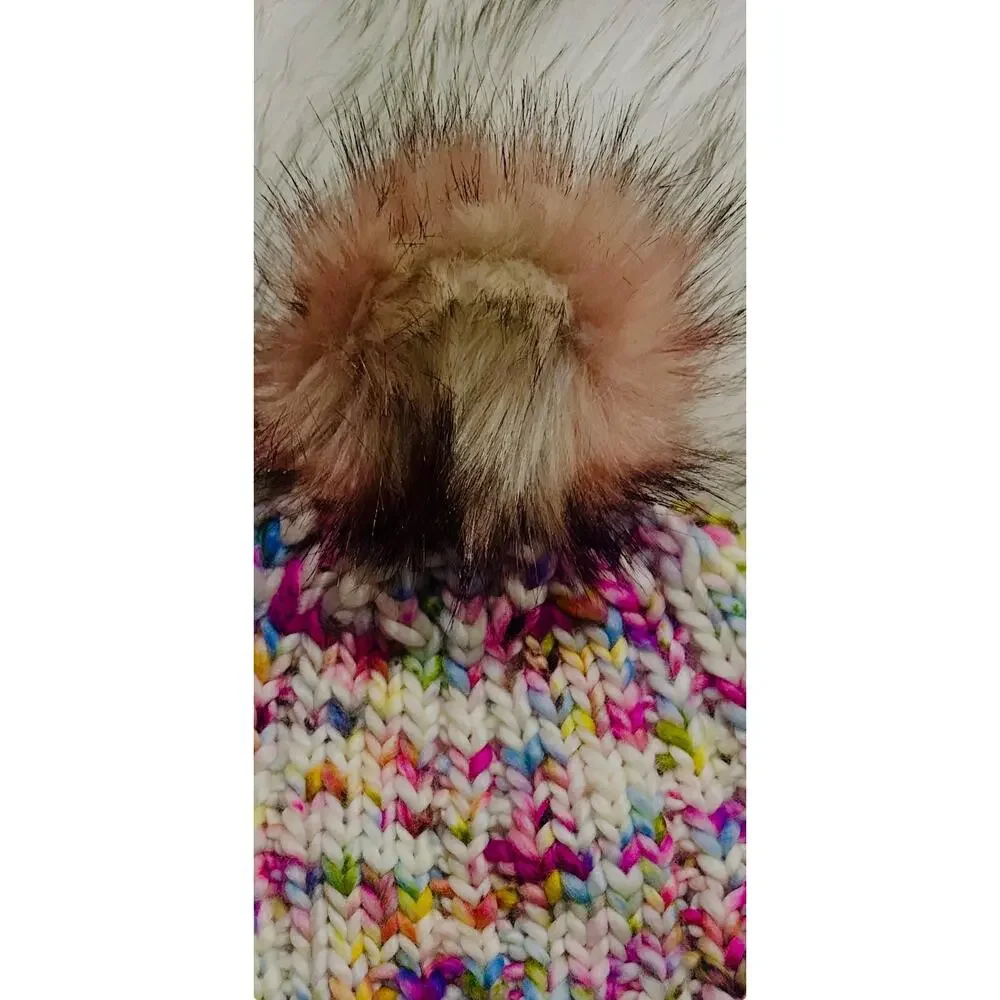 Hand Knit Merino Wool Beanie: Open Ridge Knit Hat with Faux Fur Pom